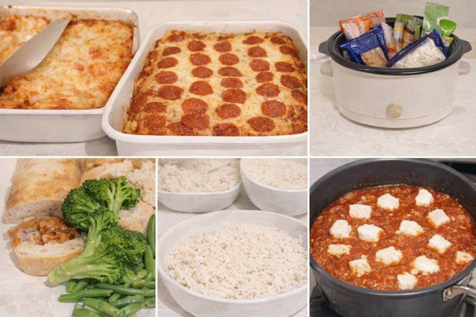 Forskellige færdiglavede retter og måltidskasser klar til servering.